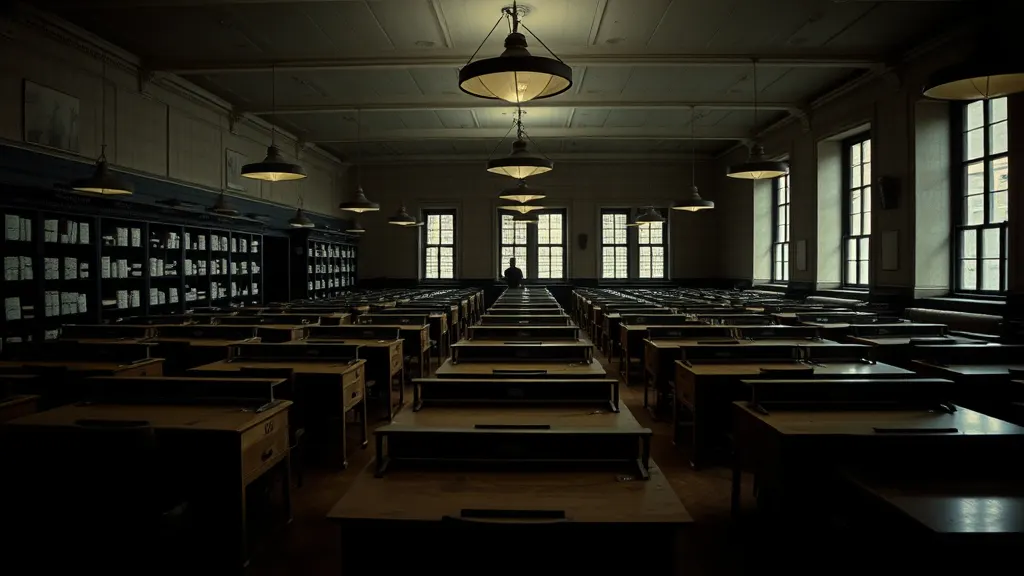 Desks in the main room of the building