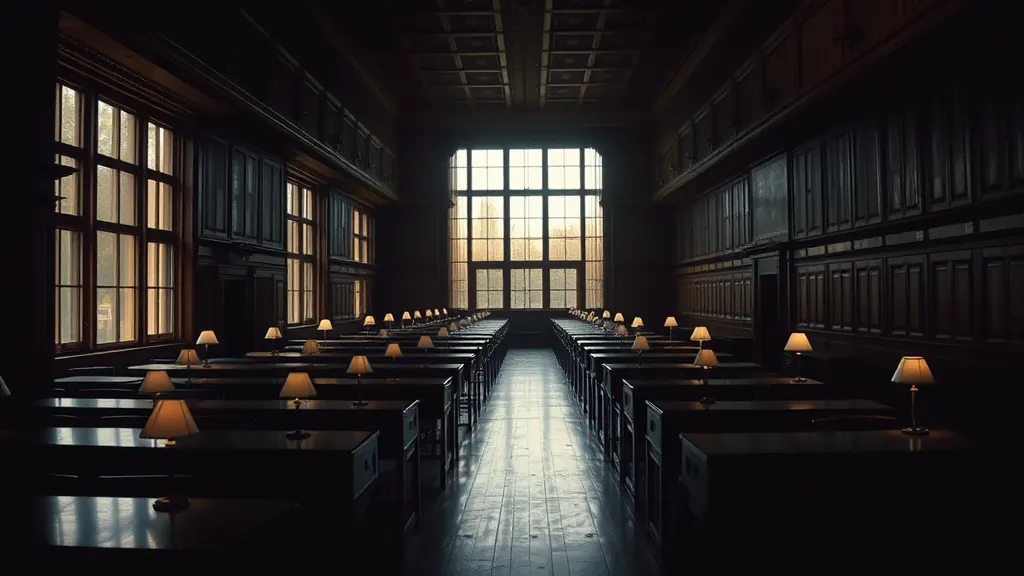 Desks in the main room of the building